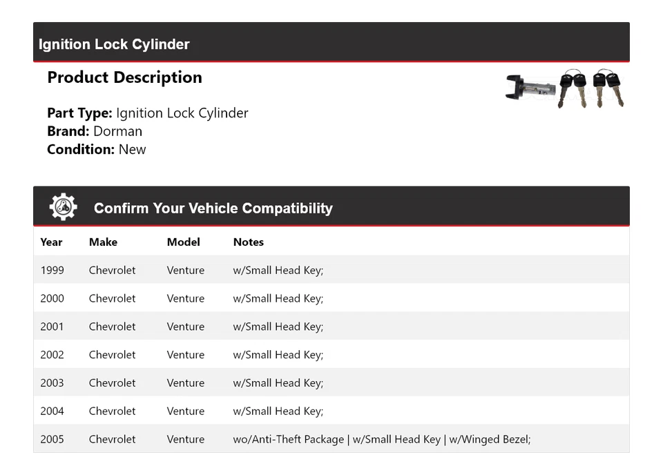 Cilindro de bloqueo de encendido para Chevrolet Venture Dorman 1999-2005 2000 2001 2002 Foto 2 de 4