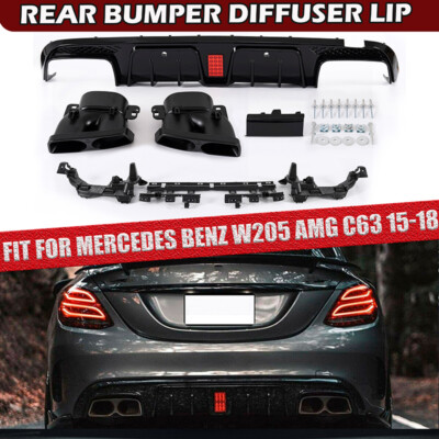 FOR 15-21 BENZ W205 C63 C43 SEDAN B STYLE LED BUMPER DIFFUSER+EXHAUST TIPS Black
