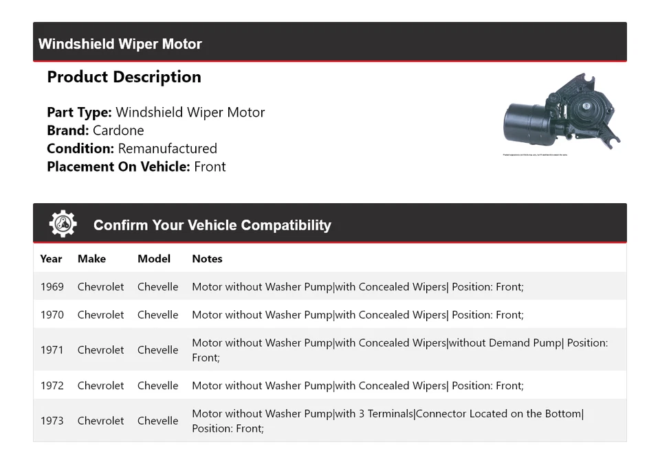 Para Chevrolet Chevelle 1969-1973 Limpiaparabrisas Motor Delantero Cardone 1970 1971 Foto 2 de 4