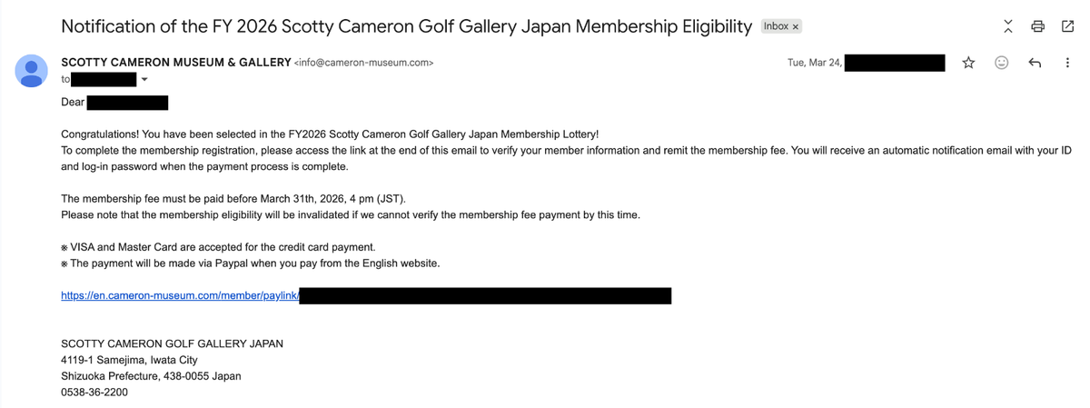 2026 Scotty Cameron Museum & Gallery Japan 1 Year Membership Link