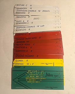 20 Allen Organ Keying Tone Card Plastic Harp Clarinet Basson French Horn