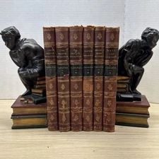 Antique 1840s Thomas Carlyle 6 Vol Set Leather Marbled Victorian Book Collection