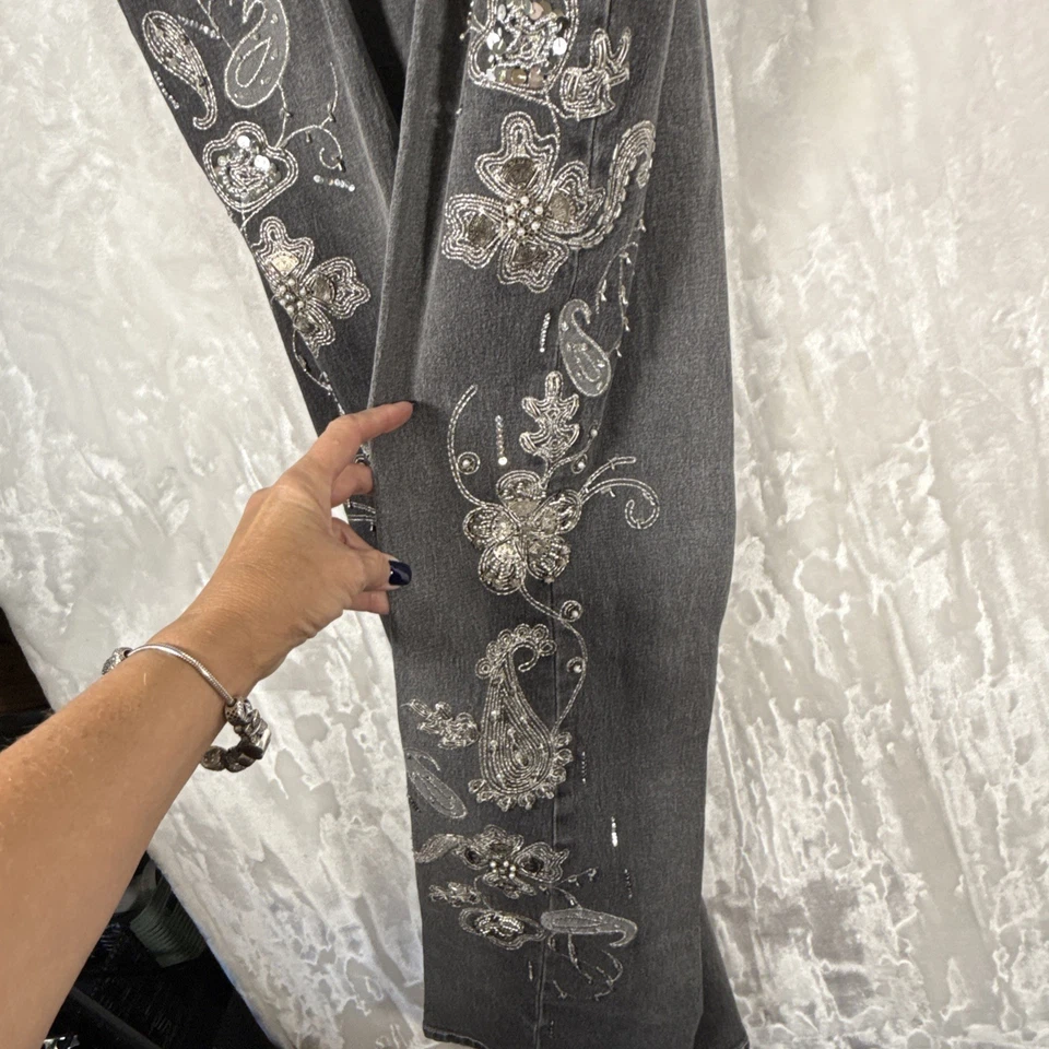 Jeans feminino DG2 Diane Gilman preto/cinza tamanho 16T elástico perna de miçangas paisley completa - Imagem 4 de 4