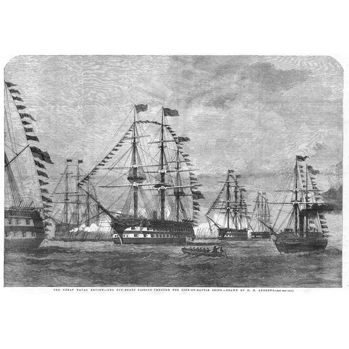 NAVAL REVIEW Gun Boats Passing Through Line of Battle Ships - Antique Print 1856