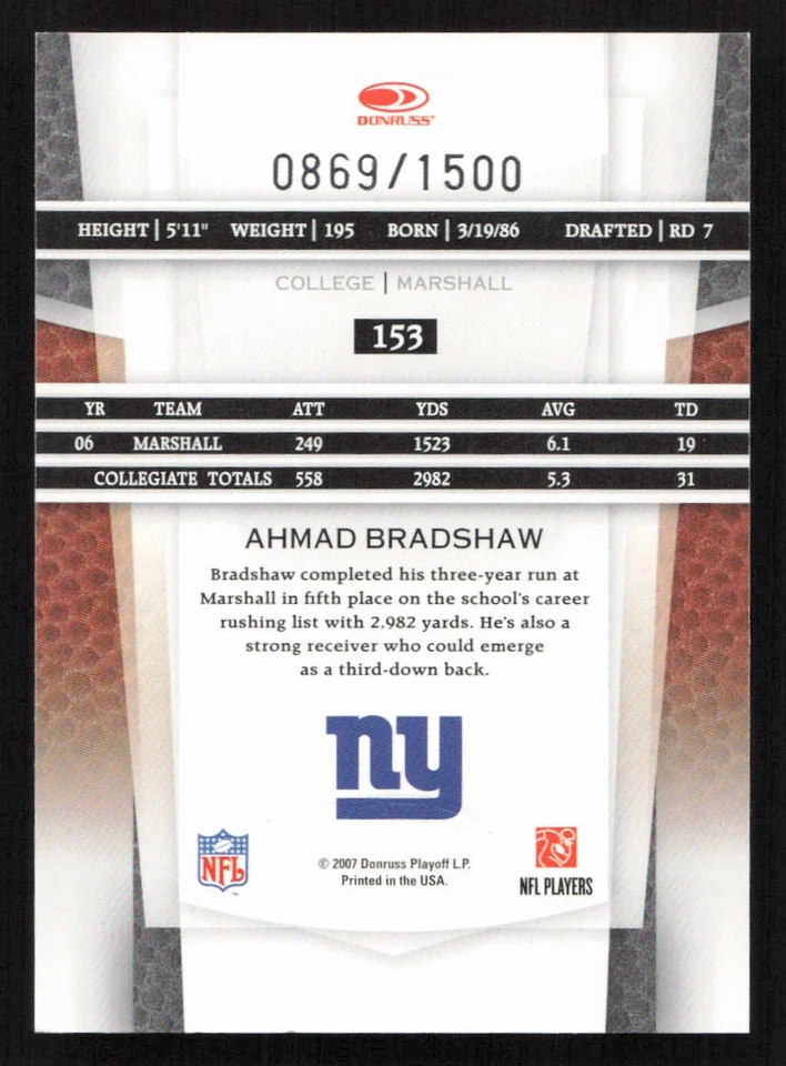 2007 Leaf Certified Materials Ahmad Bradshaw #/1500 RC Rookie #153 Card - Image 2 of 2
