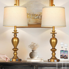 28" Farmhouse Table Lamps Set of 2 with USB C A Ports  AC Outlet for Vintage Li