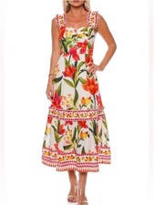 FARM RIO Cashew Garden tropical floral print tiered linen midi dress XS