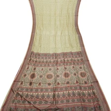 Namaste Vintage Cream Sarees 100% Pure Silk Printed Indian Sari 5YD Craft Fabric