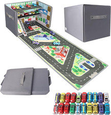 Toy Car Storage, Car Play Mat with 20 Cars, Kids Storage Boxes with Handles, 3-I