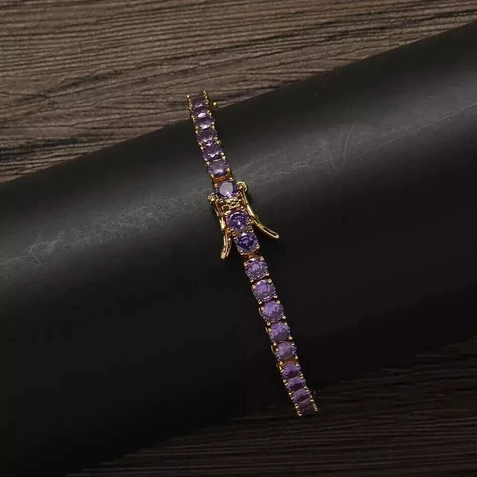 Brazalete de tenis amarillo 925 de plata de ley 925 con amatista simulada redonda de 9,0 quilates para mujer Foto 2 de 4