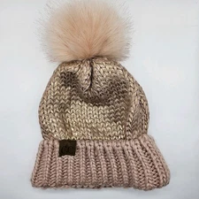 CC Beanie Women Knit Slouchy Thick Cap Hat Pink Rose Gold Bobble Hat Pompom Top