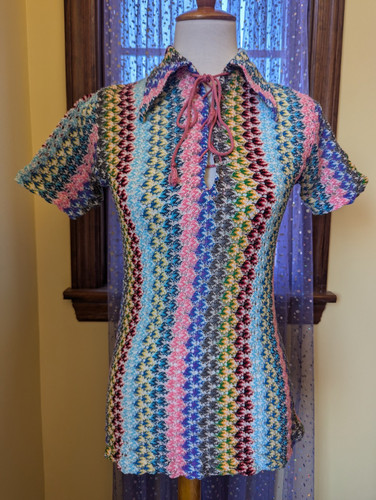 Vintage 70's Hippie Rainbow Striped Acrylic Knit Lace Up Shirt Top Size Small