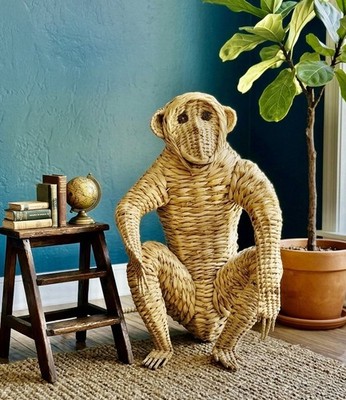 Large Vintage Woven Rattan Monkey Sculpture   26'' Tall Wicker Animal Floor Decor