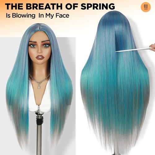 28 Inches Long Straight Rainbow Wig Bluish Green Layered Hair Middle Synthetic - Picture 5 of 9