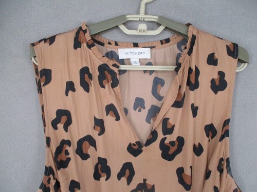 Witchery Dress Womens 16 Brown Leopard Tiered Tie Belted Sleeveless V A Line - Picture 2 of 15