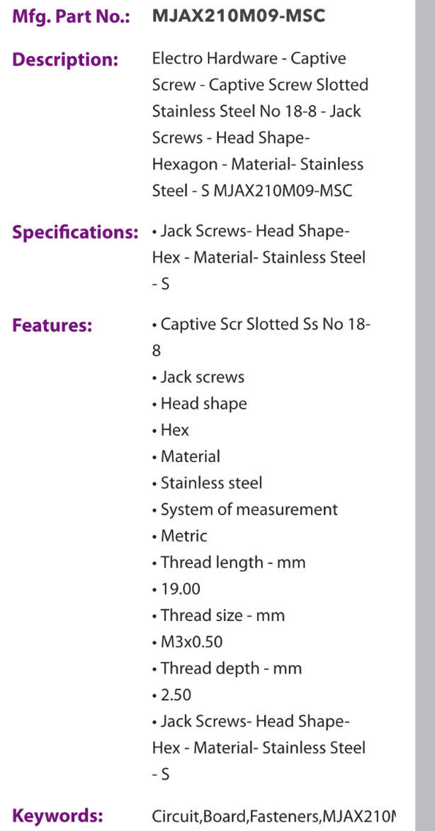 10)-Electro-MJAX210M09Hex Head M3x0.5mm Jack Screw, SS 10)-Electro-MJAX210M09Hex Head M3x0.5mm Jack Screw, SS