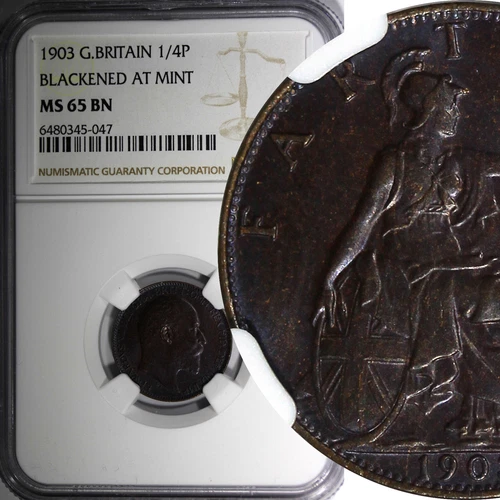 Great Britain Edward VII Bronze 1903 Farthing NGC MS65 BN Blackened KM# 792 (47)