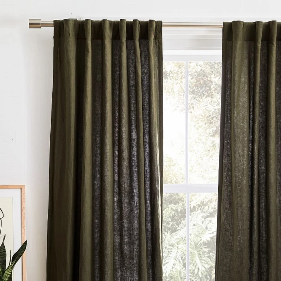 Linen curtain Dark Moss Green Color Living Room two panels Bedroom Curtain Set - Image 2 of 4