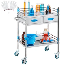 Medical Dental Lab Serving Cart Trolley 2 Tiers Portable Stainless Steel