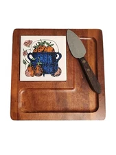 Vintage Retro MCM Wood Charcuterie Board Cheese Tray With Stainless Steel Knife