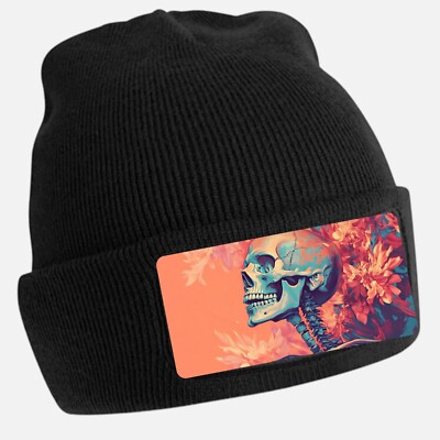 Black Beanie Hat with Cool Skeleton Portrait Motif - Unisex Cap, Cotton