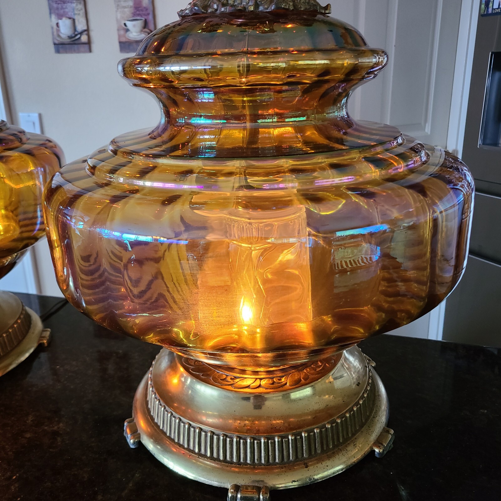 Mid Century Modern Hollywood Regency Iridescent Amber Glass Table Lamps PAIR XL