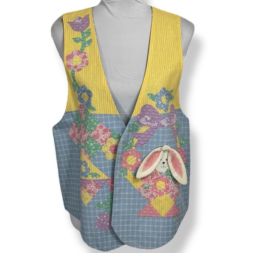 Vintage Floral 3D Easter Bunny Vest Size Large XL Spring Yellow Blue Teacher 80s