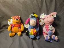 Disney Store Flower Power Pooh Piglet Eeyore Bean Bag Plush Set 3pc -B24