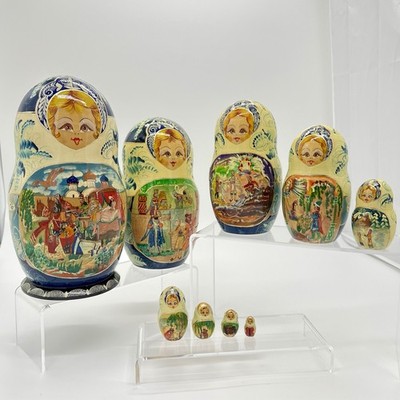 Folk Art Russian Nesting Dolls Matryoshka Hand Painted Wood Signed LARGE Set 10