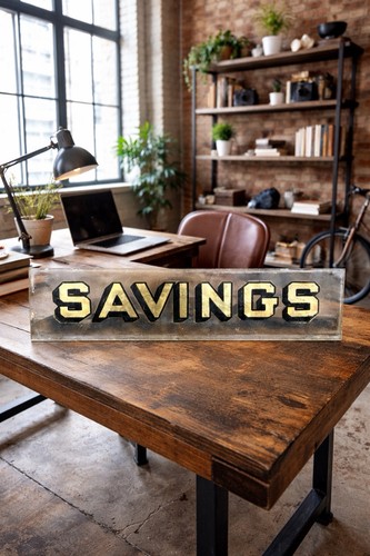 1920s Savings Etched Glass Sign Gold Leaf Advertising  Bank Bar Teller Office