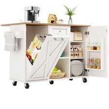 Kitchen Island with Trash Can Storage, Mobile Kitchen Trolley Cart with Cabinet