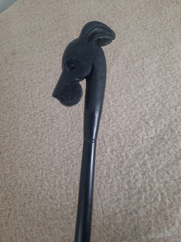 Vintage Antique Carved Dog Head Parasol Nylon Umbrella In Black USA MADE