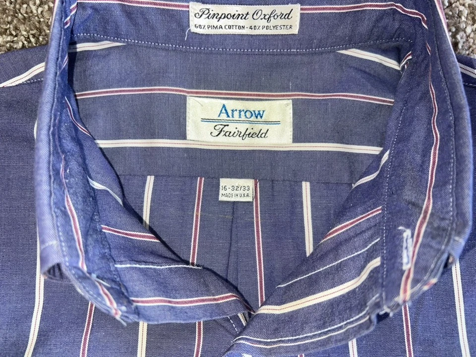 De colección Años 90 Flecha Fairfield Pinpoint Oxford 16 32/33 Azul Rojo/Blanco Rayas EE. UU. Foto 4 de 4