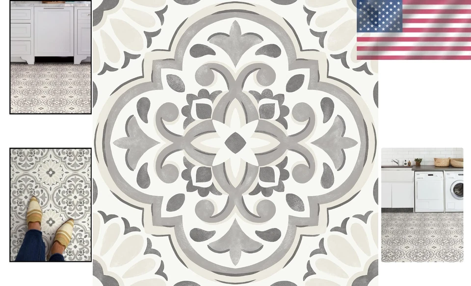 Elegant Gray & Cream Farmhouse Peel and Stick Vinyl Floor Tiles, 12-Inch Squares - Image 2 of 4