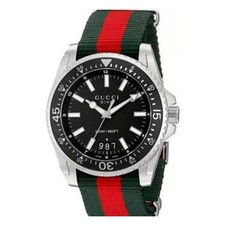 Gucci YA136206 Men's Back Dial Dive Watch with Red and Green Nylon Band - NIB