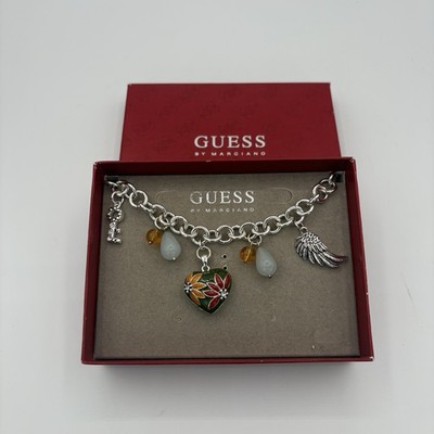 Charm Necklace Heart Silver Tone Chunky Chain Rhinestones Toggle Closure Guess