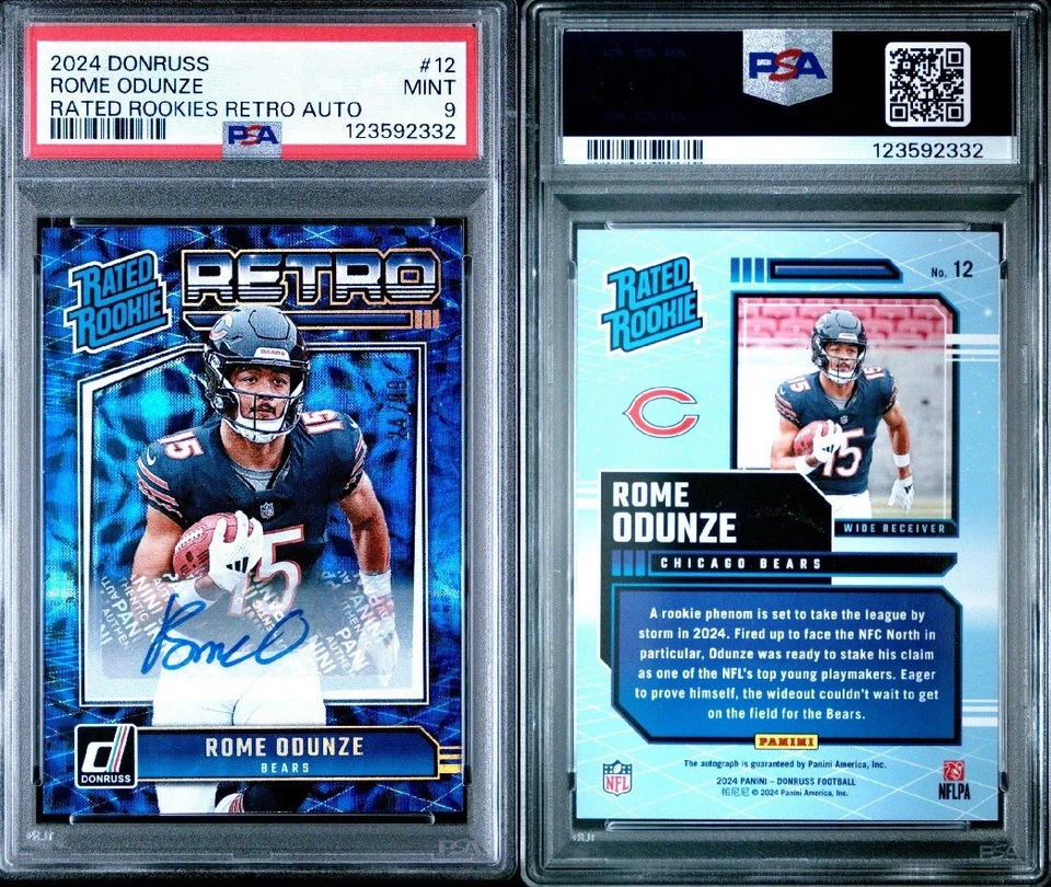 Fútbol americano Panini Donruss Roma Odunze 2024 clasificación retro novato automático/99 PSA 9 Foto 3 de 3