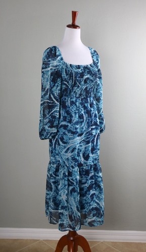 BEBE NWT $129 Smocked Flounce Hem Midi Square Neck Paisley Dress Size Medium - Picture 2 of 6