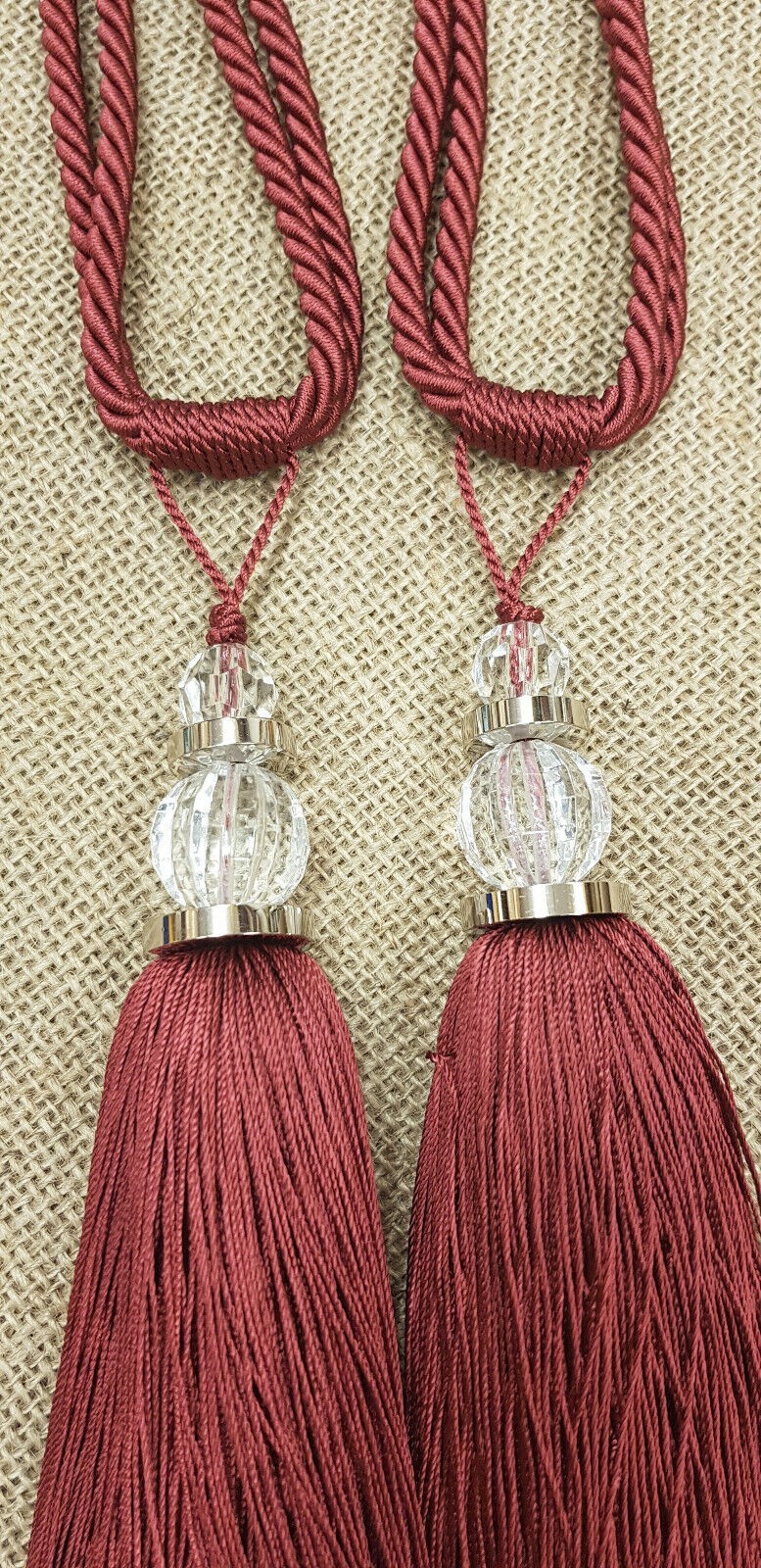2 Jones Red Wine Curtain Tie Backs Silver Chrome Crystal Trim Tiebacks
