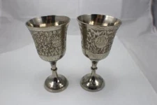 Set Of 2 World Gift ZY India Silver Plated Brass Etched Brass Goblets 6.25" tall