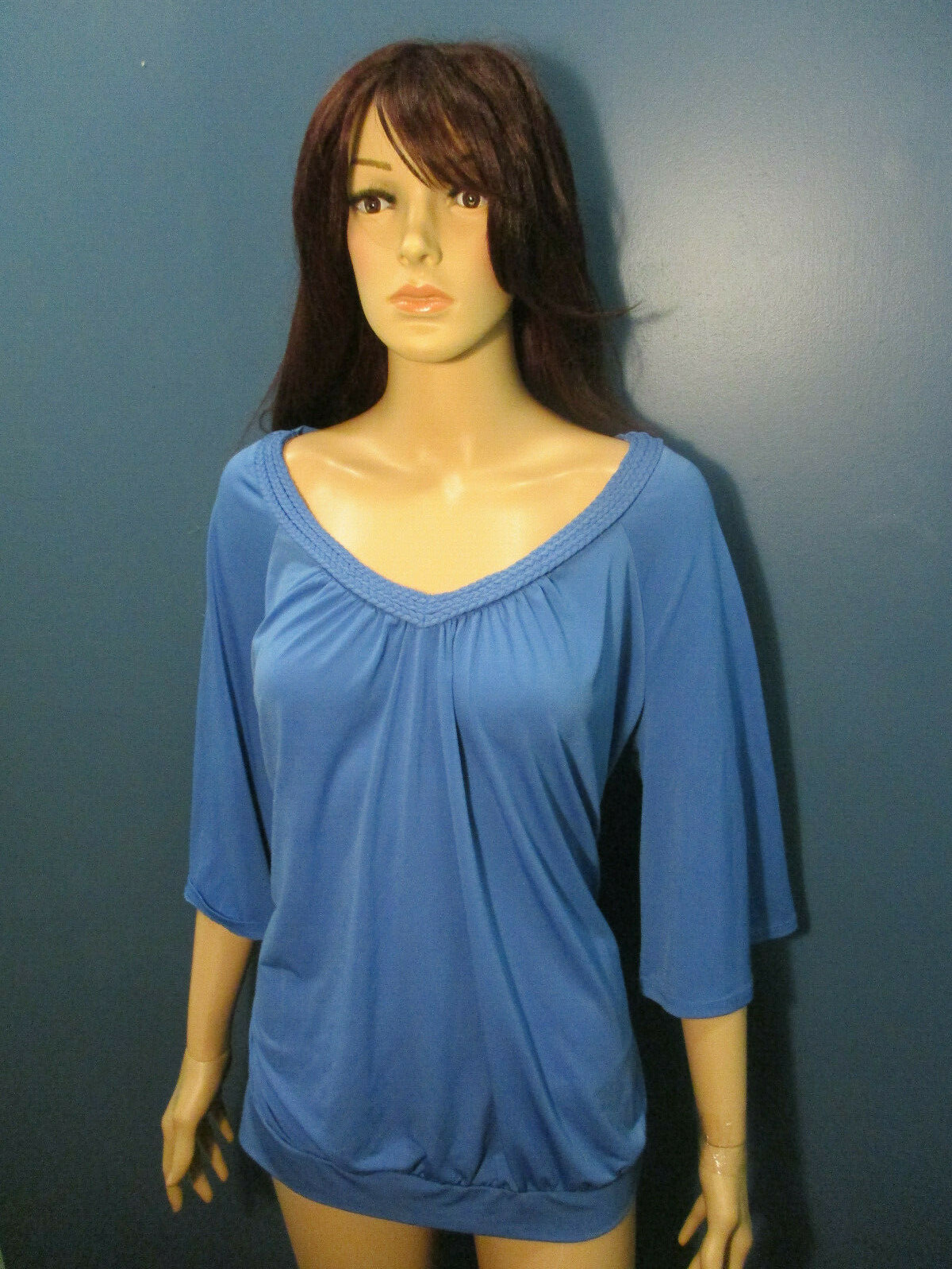 XL blue slinky stretchy braided neckline blouse by EAST 5TH