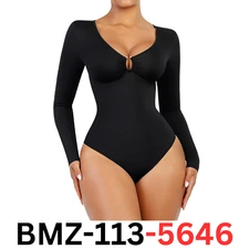FeelinGirl Long Sleeve Bodysuit for Women Black Tummy Control Sexy Shapewear, M