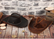 Men and Women Brown Genuine Cattlehide Leather Cowboy Western Hat