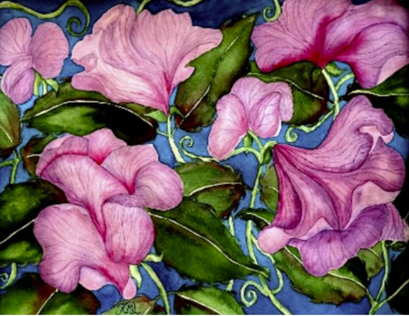 PAINTING WATERCOLOR 11X14 DOUBLE MAT 16X20 FLOWER SWEET PEA PINK PURPLE LAVENDER