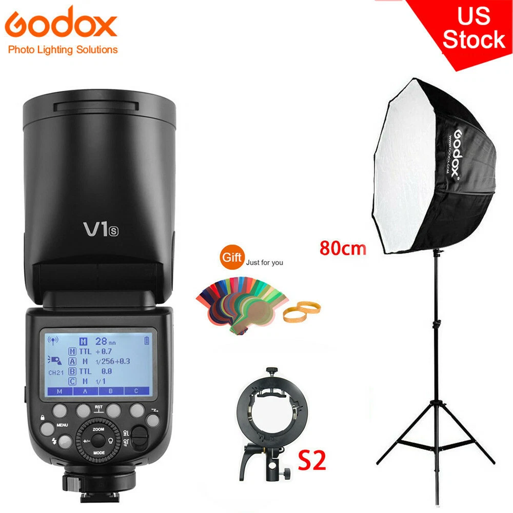 US Godox V1-S HSS Camera Round Head Flash+S2 Bracket+80cm Umbrella