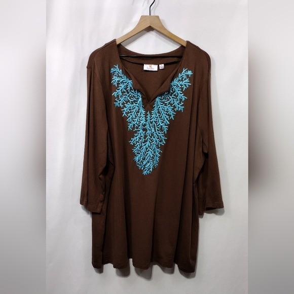Quacker Factory Embroidered Blouse Women's 3X Brown Blue Boho Retro 90s Y2K