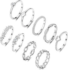 9PCS 14K Gold Plated Stacking Rings for Women Stackable Knuckle CZ Heart Chain L