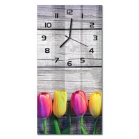 Glasuhr Glas-Wanduhr Im Hochformat Tulpen Auf Holz Schwarze Zeiger 30X60 Cm