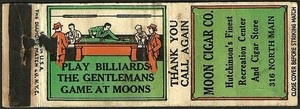 BILLIARDS super old ~ MOON CIGAR CO. ~ matchbook cover HUTCHINSON, KS kansas