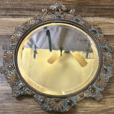 Vintage Round Wall Accent Mirror Ornate Cast Metal Frame Sea Shell Blue Color